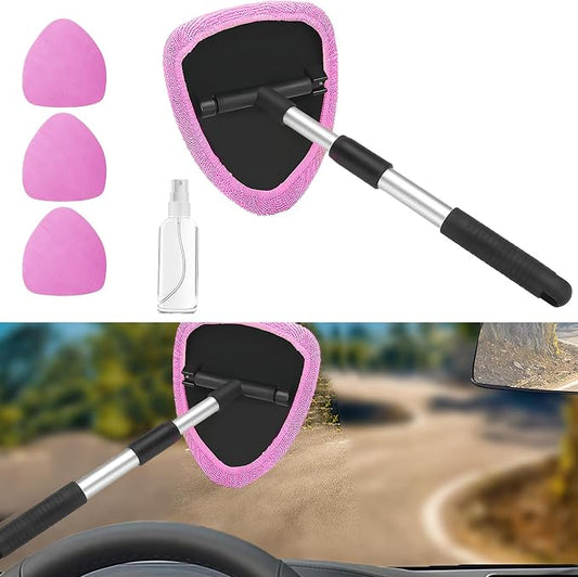 Car Window Cleaner, Car Cleanser Brush, Car Accessories Car Cleaning Supplies Tools, Car Cleaning Kit with Extendable Handle, Microfiber Cloth, Spray Bottle, Fits All Cars (Pink)