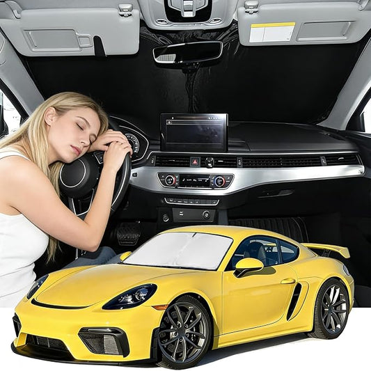 Windshield Sunshade for Porsche Boxster/Cayman 718 2017-2023 Sun Shade Car Windshield Accessories Upgrade 4 Layers Blocks UV Rays Custom Fit Cayman 240T Car Window Shades Keep Cool Foldable