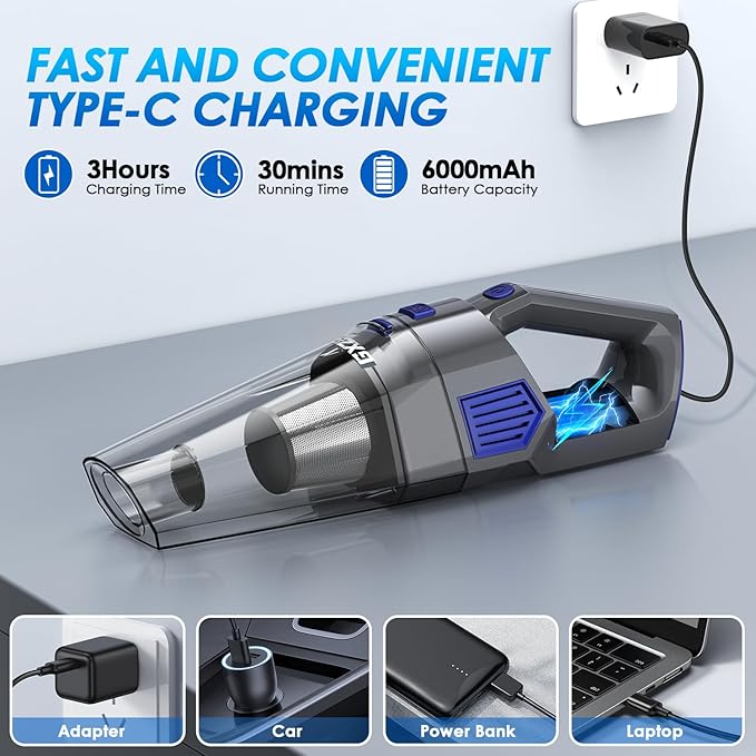 Gxzsk Handheld Vacuum Cordless, 15000PA Strong Suction Hand Held Car Vacuum Cleaner Rechargeable, Portable Hand Vacuum with Multi-Nozzles & Washable Filter for Home Office, Car, Pets