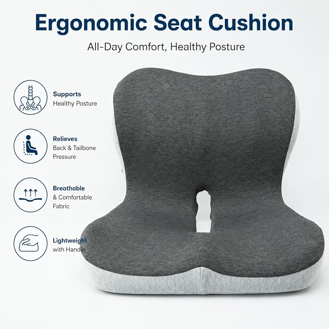 Cupocupa Memory Foam Seat Cushion, Ergonomic Orthopedic Pad with Adjustable Strap for Car Truck Office Chair, Lumbar Back Support & Sciatica Relief for Long Drives