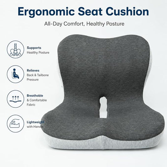 Cupocupa Memory Foam Seat Cushion, Ergonomic Orthopedic Pad with Adjustable Strap for Car Truck Office Chair, Lumbar Back Support & Sciatica Relief for Long Drives