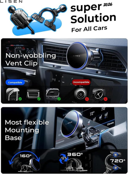 LISEN for 15W MagSafe Car Mount Charger, Magnetic Wireless Car Charger, Dashboard & Air Vent Magnetic Phone Holder for Your Car Phone Holder, Jeep Ford F150 Accessories for iPhone 17-12,Samsung, Pixel
