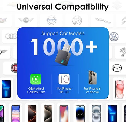 Wireless CarPlay Adapter for Apple iPhone, Convert Wired to Wireless Mini USB Bluetooth Car Play Adapter with Stable 5.8GHz Wi-Fi Plug & Play - Compatible with Cars 2016+ and iOS 10+
