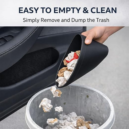 Front Door Trash Bin for Tesla Model Y Juniper 2025+, Side Door Portable Garbage & Storage Organizer, Hands-Free Toss Design, Waterproof Flexible TPE, Easy Clean, Interior Accessories, Black – 2 Pack