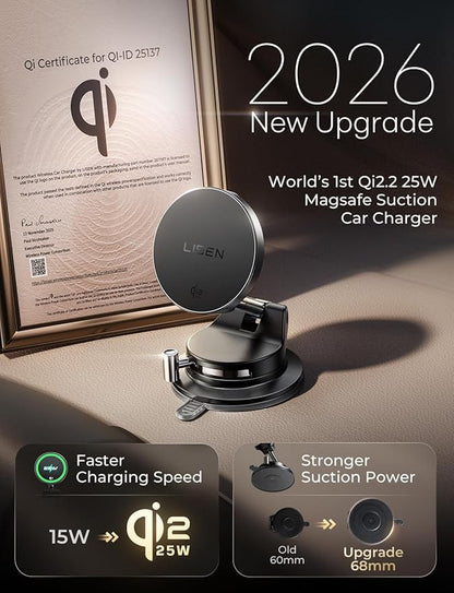 LISEN Qi2.2 25W MagSafe Car Mount Charger, Magnetic Wireless Car Charger with 54W Adapter, Magnetic Phone Holder for Car, iPhone Car Mount, Vacuum Suction Cup Phone Mount for iPhone 17 16 15 14 13 12 | [Qi2.2 25W Fast Charging] Magsafe Car Mount, [Easy...