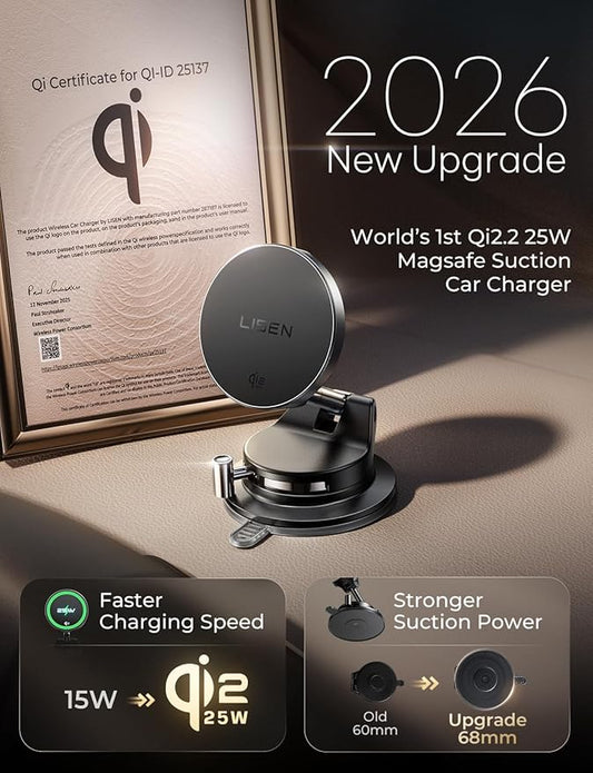 LISEN Qi2.2 25W MagSafe Car Mount Charger, Magnetic Wireless Car Charger with 54W Adapter, Magnetic Phone Holder for Car, iPhone Car Mount, Vacuum Suction Cup Phone Mount for iPhone 17 16 15 14 13 12 | [Qi2.2 25W Fast Charging] Magsafe Car Mount, [Easy...