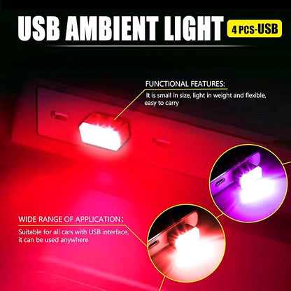 4 PCS USB LED Car Interior Atmosphere Lamp, Portable Mini Auto LED Decor Night Light, Plug-in USB Interface Ambient Lighting Kit, Universal Car Interior Accessories (Red+Purple)