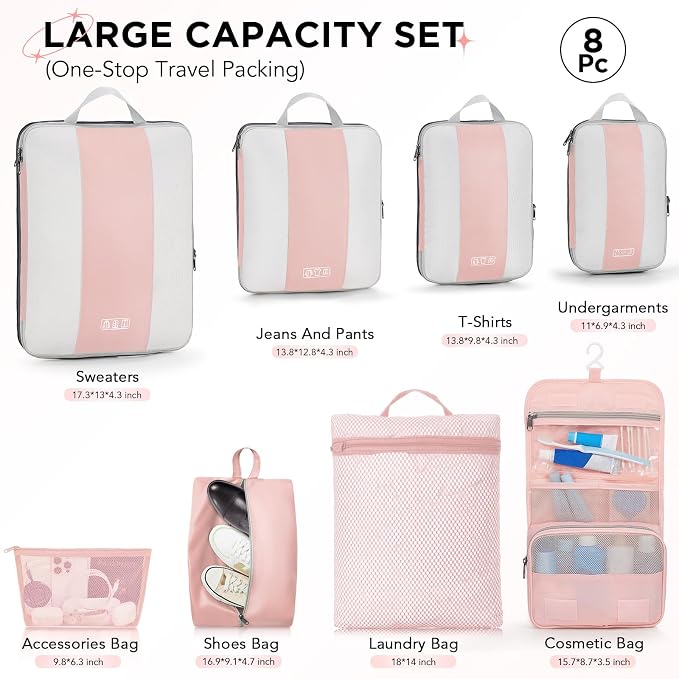 OlarHike 8 Set Compression Packing Cubes for Travel Essentials,Compressible Expandable Space Saver Bags for Organizing Clothes,Luggage Suitcase Garment Bags with Over 1000 pcs Mesh Holes(Pink)