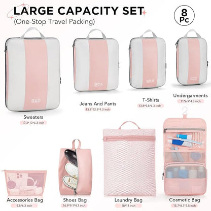 OlarHike 8 Set Compression Packing Cubes for Travel Essentials,Compressible Expandable Space Saver Bags for Organizing Clothes,Luggage Suitcase Garment Bags with Over 1000 pcs Mesh Holes(Pink)