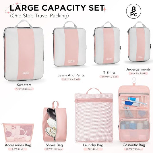 OlarHike 8 Set Compression Packing Cubes for Travel Essentials,Compressible Expandable Space Saver Bags for Organizing Clothes,Luggage Suitcase Garment Bags with Over 1000 pcs Mesh Holes(Pink)