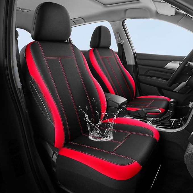 HChengkikz Car Seat Covers Front Seat, Waterproof Neoprene Car Seat Cover, Airbag Compatible,Universal Automotive Comfort for Most Cars, Trucks, SUVs (Black + Red)