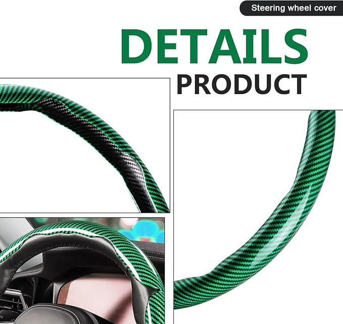 3pcs Universal Carbon Fiber Steering Wheel Cover - Anti-Slip & Segmented Design, Universal 99% Durable Steering Wheel Protector for Men and Women, Car Interior Accessory (Green)