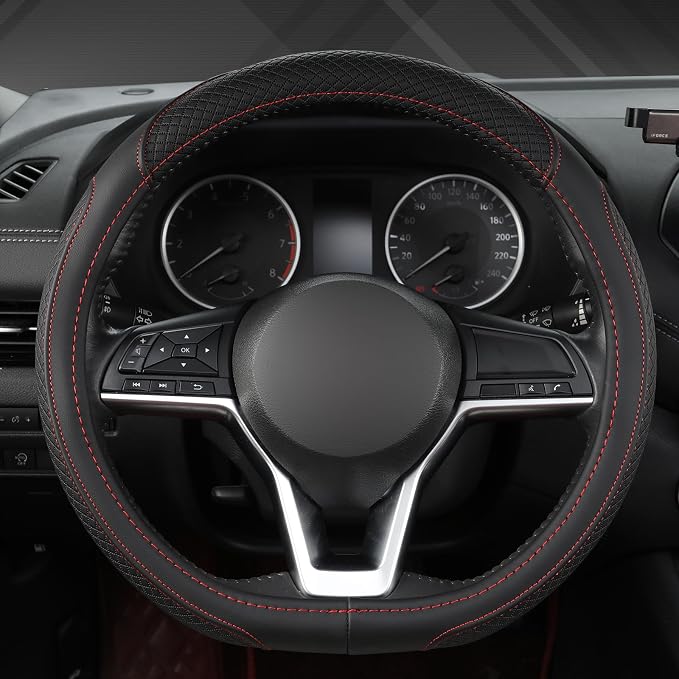 West Llama Customized Auto Car Steering Wheel Cover for Nissan,D Shaped Steering Wheel Cover for Rogue,Altima,Kicks (D-Shaped-Black+Red Line)