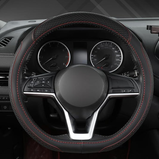 West Llama Customized Auto Car Steering Wheel Cover for Nissan,D Shaped Steering Wheel Cover for Rogue,Altima,Kicks (D-Shaped-Black+Red Line)