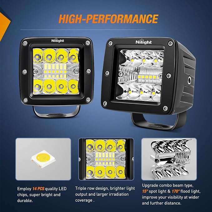 Nilight LED Pod Light with Amber/Black Covers 2 PCS 3 Inch 42 W Cubes Spot Flood Combo Off Road Light Super Bright Driving Fog Boat Lighting for Trucks Pickup Golf Cart SUV ATV UTV 4x4 Van Camper