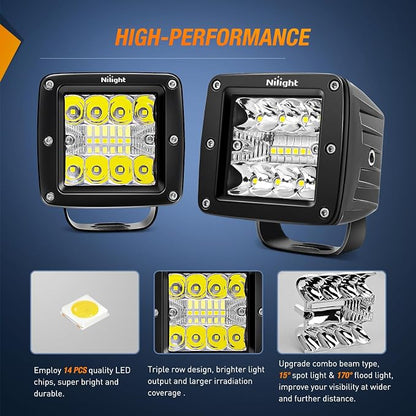 Nilight LED Pod Light with Amber/Black Covers 2 PCS 3 Inch 42 W Cubes Spot Flood Combo Off Road Light Super Bright Driving Fog Boat Lighting for Trucks Pickup Golf Cart SUV ATV UTV 4x4 Van Camper