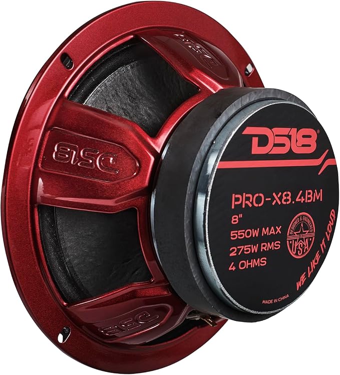 DS18 PRO-X8.4BM Loudspeaker - 8", Midrange, Red Aluminum Bullet, 550W Max, 275W RMS, 4 Ohms - Premium Quality Audio Door Speakers for Car or Truck Stereo Sound System (1 Speaker)