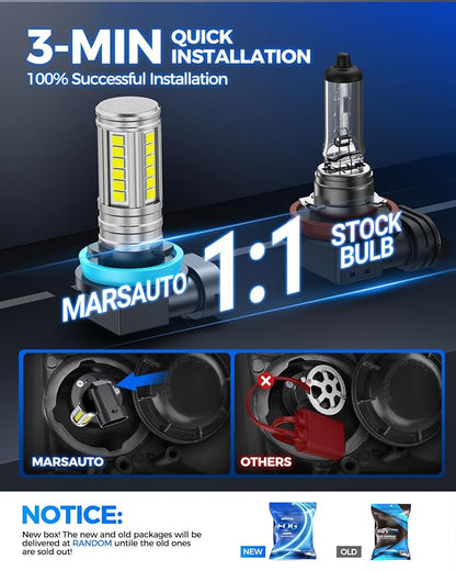 Marsauto H11 H16 H8 Led Fog Light Bulb 12,000LM, 1:1 Size 360° Illumination H16 H8 Fog Lights Led, 600% Bright Strong Penetration, Upgraded LED Chips H11 Fog Light Bulbs for Car, Tail Light Covers