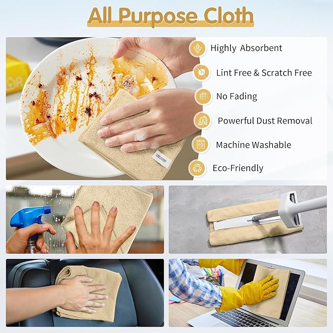FIXSMITH Beige Microfiber Cleaning Cloth -Pack of 12, Highly Absorbent Cleaning Rags, 16"X12" All Purpose Cleaning Towels for Housekeeping, Kitchen, Car, Lint Free and Reusable Microfiber Towels