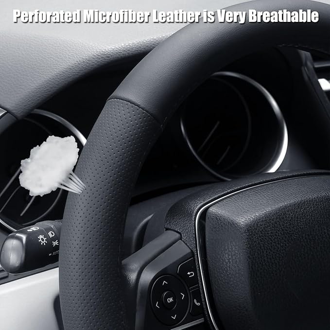 Steering Wheel Cover Small Size 14-14.25 inch, Non-Slip Car Wheel Protector for Prius Civic Model 3 Model Y Camaro, Non-Folding Packaging, Microfiber Leather, Black