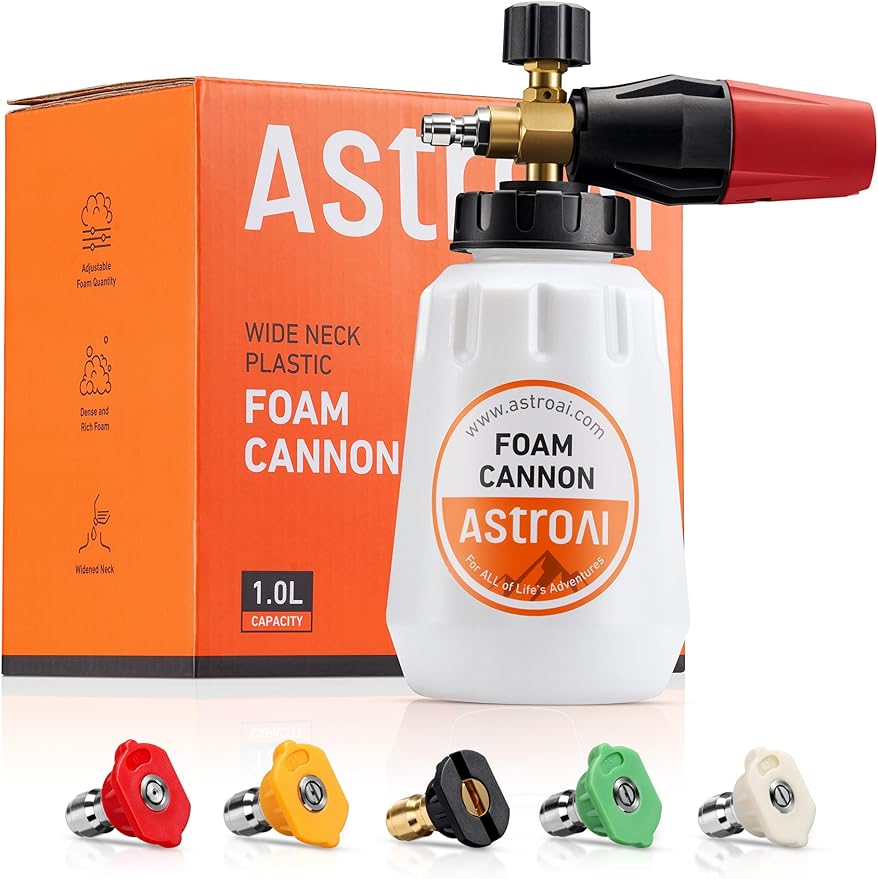AstroAI Foam Cannon, Heavy Duty Car Foam Sprayer Attachments, Wide Neck Adjustable Snow Foam Lance and Thick Foam for Pressure Washer Car Wash, 1/4" Quick Connector, 1L Bottle & 5 Nozzle Tips