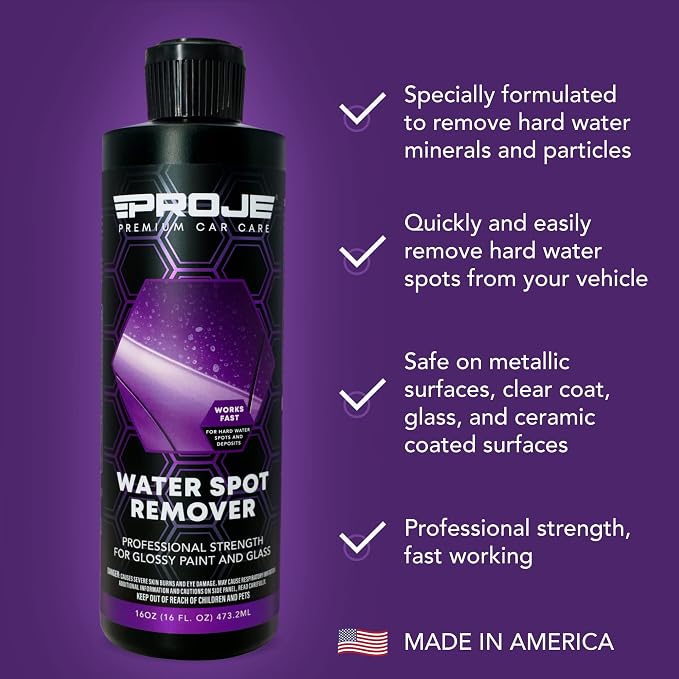 PROJE' Water Spot Remover - Neutralizes & Breaks Down Hard Water Spots - For Glass, Paint, Metal, Shower Doors, Car Detailing, & More - Can Be Used on Ceramic Coated Vehicles - 16 Fl Oz