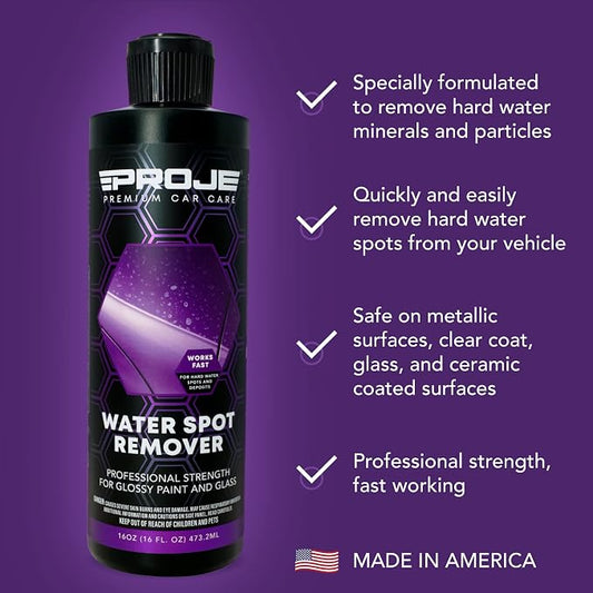 PROJE' Water Spot Remover - Neutralizes & Breaks Down Hard Water Spots - For Glass, Paint, Metal, Shower Doors, Car Detailing, & More - Can Be Used on Ceramic Coated Vehicles - 16 Fl Oz