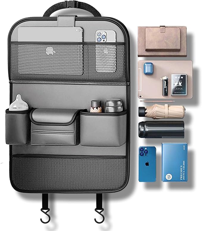 2 Pack Leather Car Backseat Organizer with Foldable Table Tray, Universal Car Seat Back Protector Kick Mat with Touchscreen Tablet Holder, Storage Pockets, Cup Holders & Tissue Holder, Black