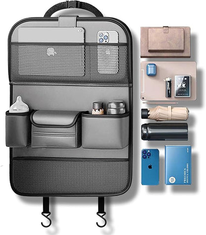 2 Pack Leather Car Backseat Organizer with Foldable Table Tray, Universal Car Seat Back Protector Kick Mat with Touchscreen Tablet Holder, Storage Pockets, Cup Holders & Tissue Holder, Black