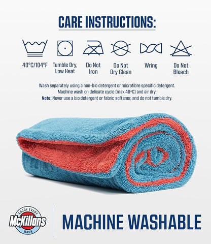 McKillans® Extra Large Dual-Color Car Drying Towel XL - Edgeless & Ultra Soft & Absorbent - 36" x 28" - 1200 GSM Twisted Loop Microfiber Towel for Cars - Drying Towel Car Detailing - Car Wash Towels