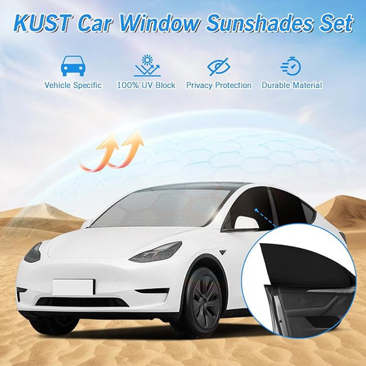KUST Windshield Sun Shade Umbrella for Tesla Model Y 2020 2021 2022 2023 2024 (Not for Juniper) Rear Window Shades 100% UV Protection and Blackout Privacy 5PCS Car Window Covers Accessories