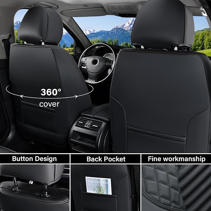Coverado Car Seat Covers Full Set, Leather Seat Covers for Cars, Waterproof Front and Rear Automotive Seat Cover Car Accessories Universal Fit for Most Cars SUV Trucks(Black)
