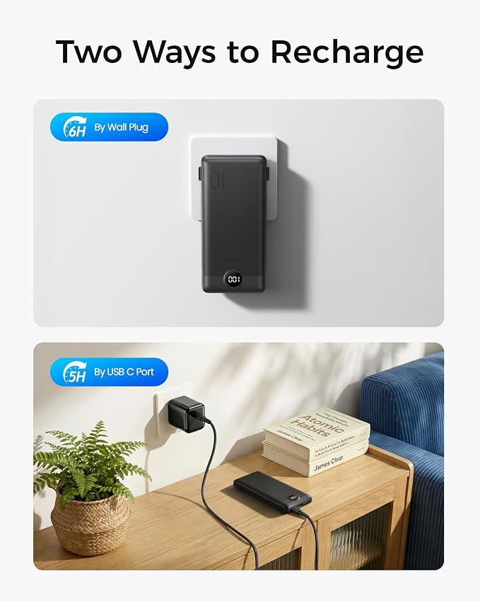 VEGER Portable Charger Power Bank with Built-in AC Plug and Cables, All in One 10000mAh Ultra Slim Travel Essentials, Fast Charging Battery Pack Compatible with iPhone, Samsung, Android, Black