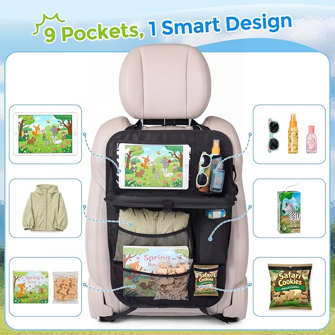Tsumbay Backseat Car Organizer with Foldable Tray, 9 Pockets, Kick Mat Seat Protector, 18KG Capacity, Waterproof Oxford Fabric for Kids, Family Travel - for Car, SUV, Van (Oxford-2Pck)