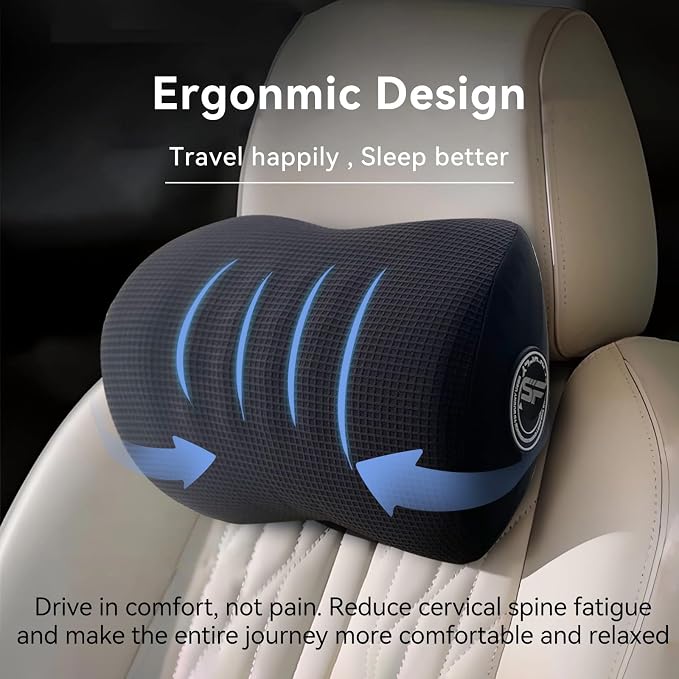 Super Useful Car Headrest Pillow, Car Pillow for Driving with Adjustable Strap, 100% Memory Foam Neck Pillow, Ergonomic Design - Car Neck Pillow(Black, 2 Pack)