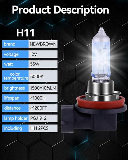 NEWBROWN H11 Headlight Bulb H11 Halogen Headlight Bulb 5000K Super White Light Long Life Replacement PGJ19-2 12V/55W (H11, 2 Pack)