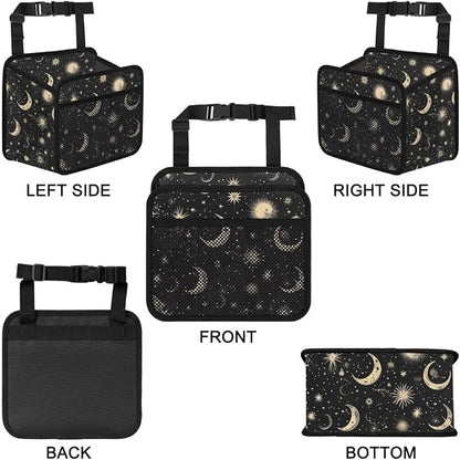 Car Backseat Organizer, PU Leather Back of Seat Car Hanging Organizer with Pockets Leakproof Car Garbage Bag Hanging Car Seat Storage Box Travel Accessories Foldable (Moon & Stars Black)