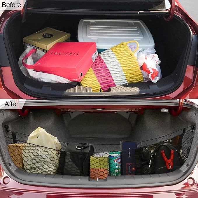 Cargo Net for Car, Expandable 3 Pocket Heavy-Duty Cargo Net Organizer, Black Mesh Storage Pocket with 4 Metal Carabiners Universal for Car, SUV, Pickup Truck, Van Trunk Bed