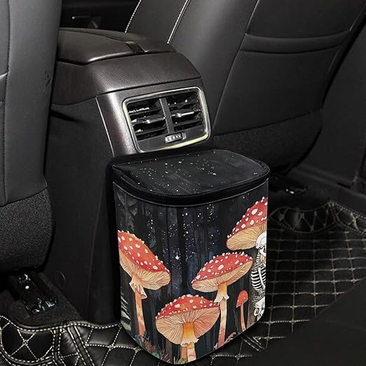 Talayituse Skull Mushroom Print Car Trash Bin, Large Size Auto Trash Can Adjustable Portable Garbage Can with Lid, Vehicle Hanging Bag for Headrest Front Back Seat
