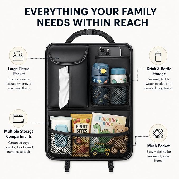 Backseat Car Organizer for Kids and Family Travel, Seat Protector with 5 Storage Pockets, Holds Snacks Drinks Toys, Easy Install for Car SUV Truck, Waterproof Organizer
