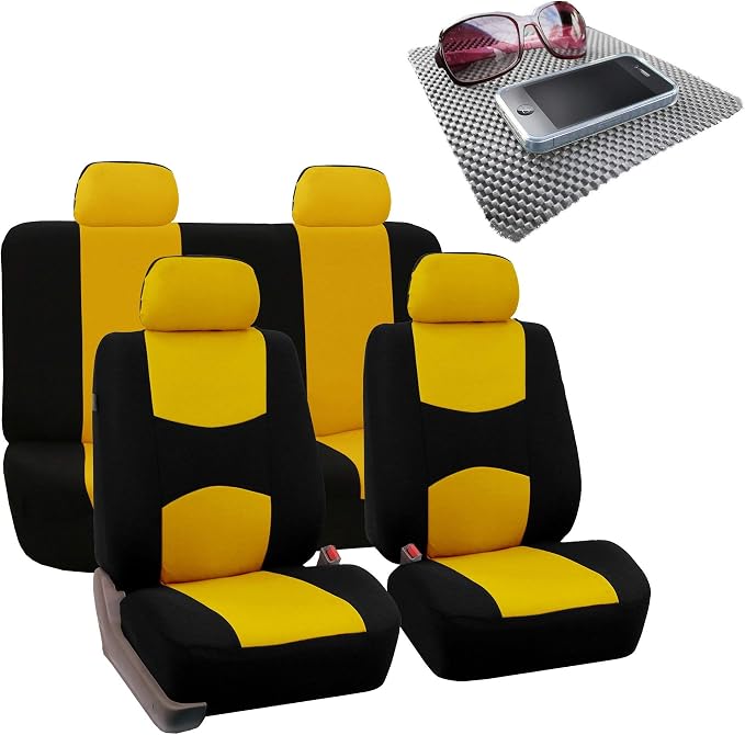 FH Group Bright Flat Cloth Full Set Automotive Seat Covers Front Set and Rear Solid Bench Yellow Black Seat Covers w. Gift Universal Fit Interior Accessories for Cars Trucks and SUVs