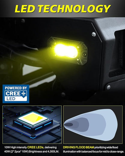 Yellow Flush Mount LED Pods, AKD Part Flood CREE LED Flush Mount Fog Lights 40W Yellow Chase Lights Bumper Driving Backup Reverse Light Pods for Trucks Pickup SUV UTV ATV Snowmobile