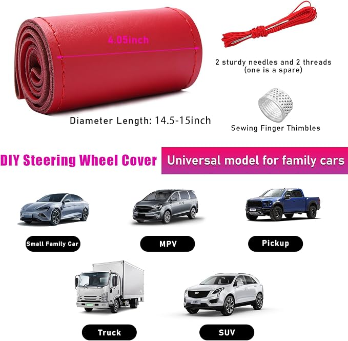 Ziciner Genuine Leather Steering Wheel Cover, Stitch on Wrap, Breathable Anti-Slip Car Steering Wheel Protector for Max Diameter 15 Inch, DIY Sewing with Needles Thread (Red, Glossy)