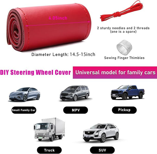 Ziciner Genuine Leather Steering Wheel Cover, Stitch on Wrap, Breathable Anti-Slip Car Steering Wheel Protector for Max Diameter 15 Inch, DIY Sewing with Needles Thread (Red, Glossy)