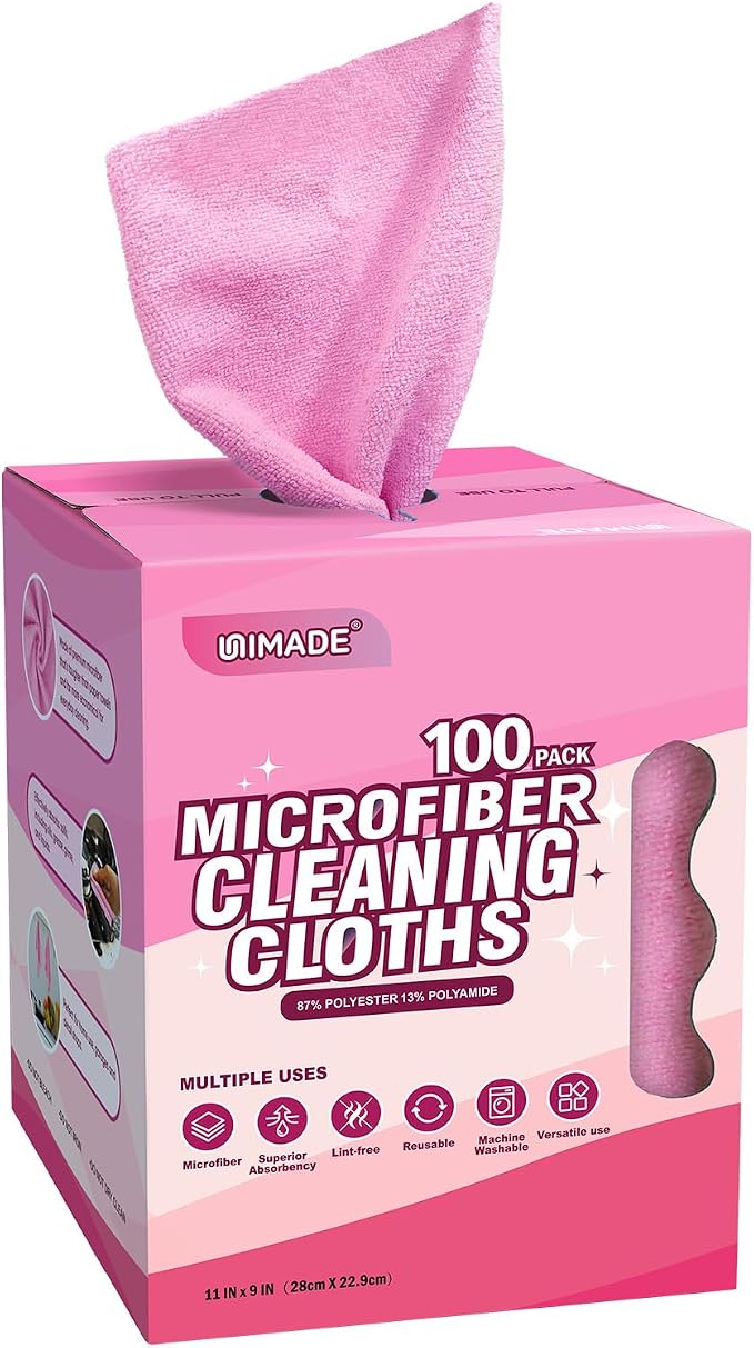 UNIMADE Microfiber Cleaning Cloth, 100 Sheets Microfiber Towels for Cars Commercial Grade Washcloths Lint-Free Bulk Shop Towel Cleaning Rags for Household Restaurant Garage Housekeeping,11"x 9", Pink
