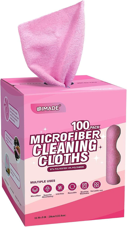 UNIMADE Microfiber Cleaning Cloth, 100 Sheets Microfiber Towels for Cars Commercial Grade Washcloths Lint-Free Bulk Shop Towel Cleaning Rags for Household Restaurant Garage Housekeeping,11"x 9", Pink