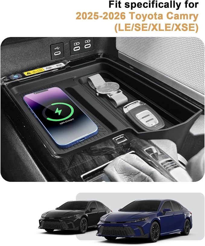 2026 Camry Center Console Organizer - One-piece Molding Center Console Storage Tray & Wireless Charging Area Pad For 2025-2026 Toyota Camry(LE/SE/XLE/XSE) Accessories - Durable ABS & TPE Material