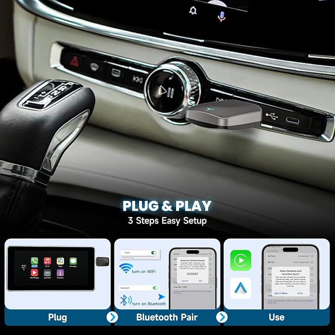 Wireless CarPlay Adapter for iPhone – Plug-and-Play Wired to Wireless Dongle, USB-C Included, Zero-Lag Connection