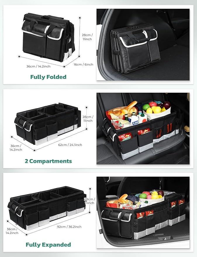 Oasser Trunk Organizer with Cooler Bag 95L, Bearing 110lb No Deformation, Collapsible with Multi Compartments, Removable Insulated Bag, Foldable Lid, Non Slip Bottom, 2 Adjustable Straps (Black&Grey)