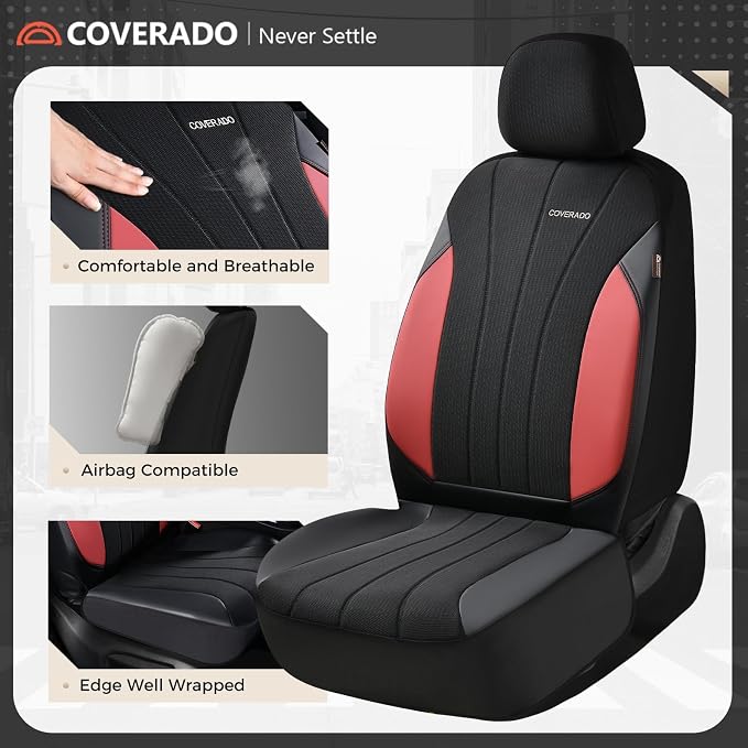 Coverado Car Seat Covers Full Set, Waterproof Automotive Seat Protectors 5 Seats, Red Driver Protectors Universal Fit for SUVs, Trucks, Sedans,Car Accessories